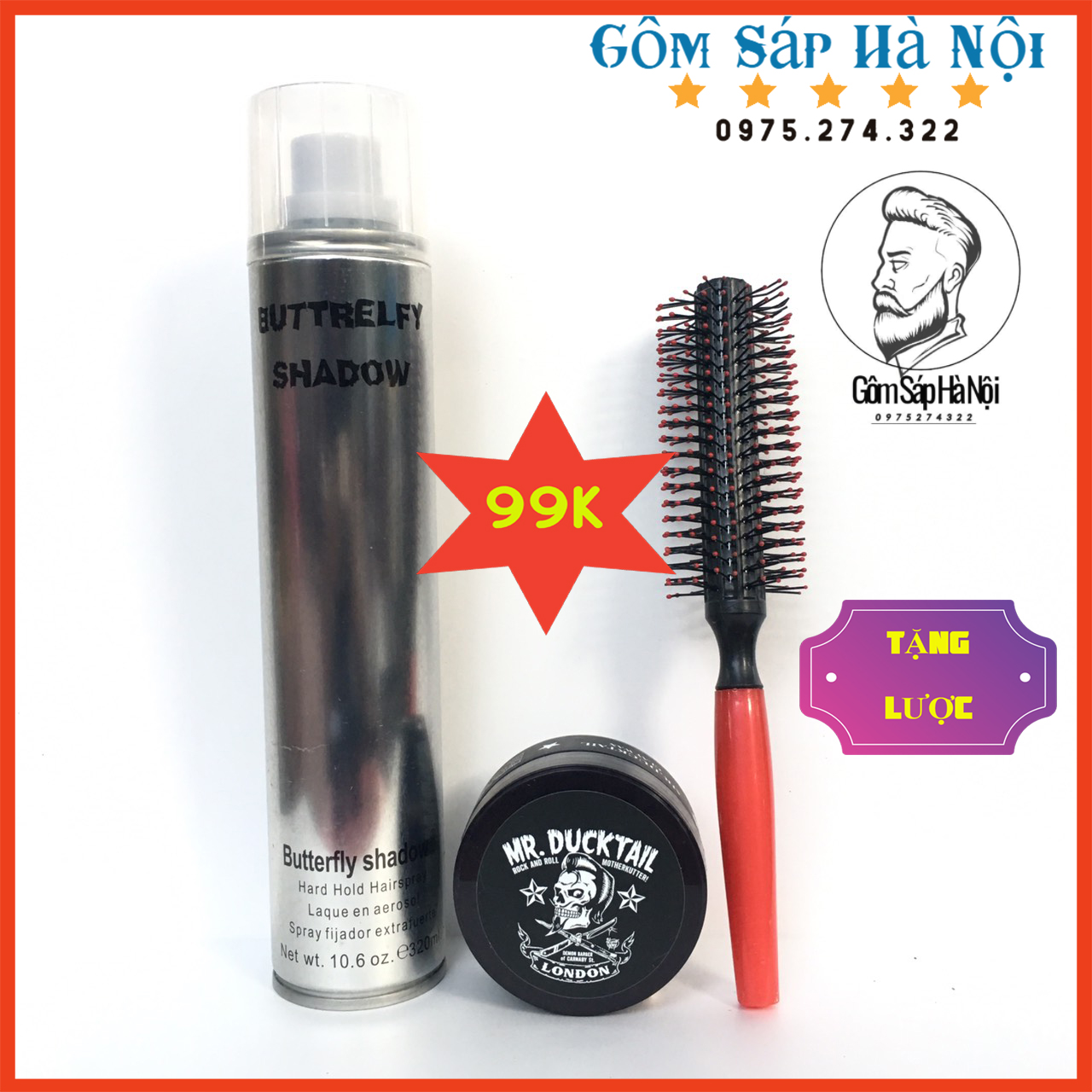 COMBO  Gôm Xịt Tóc Buttrefly 320ml + Sáp Vuốt Tóc MrDuc + Lược