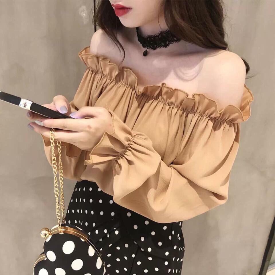 Áo bẹt vai phối tay xòe nữ tính tts0245