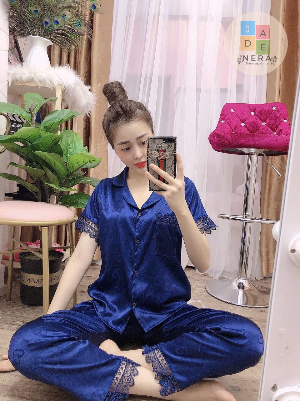 Bộ lụa gấm phối ren siêu xinh, hàng thiết kế- Freesize (40-58kg)