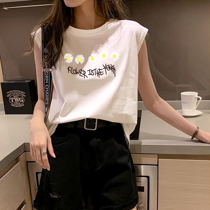 Áo thun sát nách nữ in hình hoa cúc Vintage