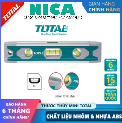 Thước thủy mini có từ TOTAL TMT2235 thước thủy nam châm Chiều dài 225mm, Chất liệu Nhôm và nhựa ABS, Với 3 lọ nước đo góc nghiêng, độ nghiêng, độ dốc, đo độ cân bằng