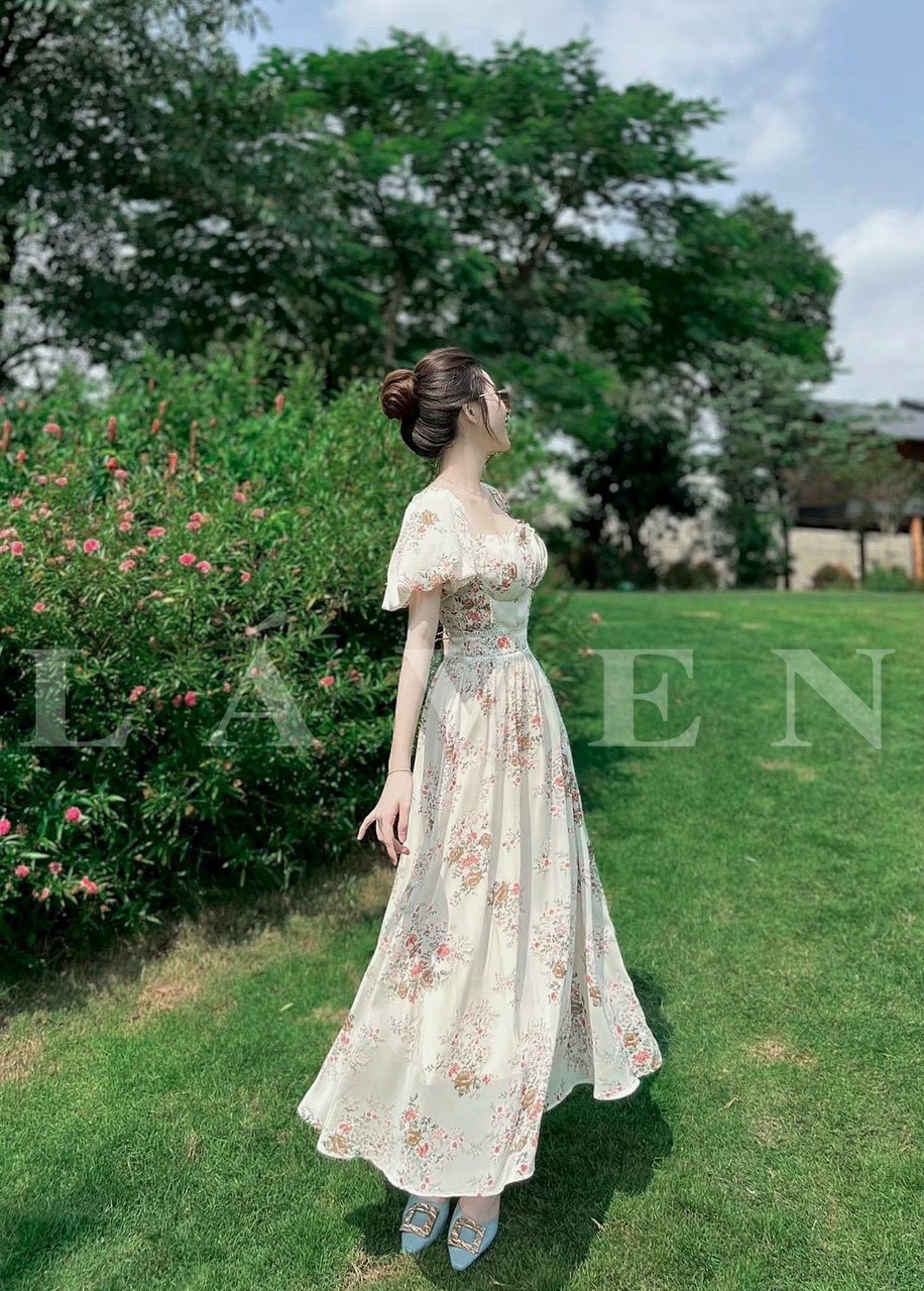 Đầm dự tiệc nữ dáng dài. cổ vuông, tay phông ( có mút & có lót)