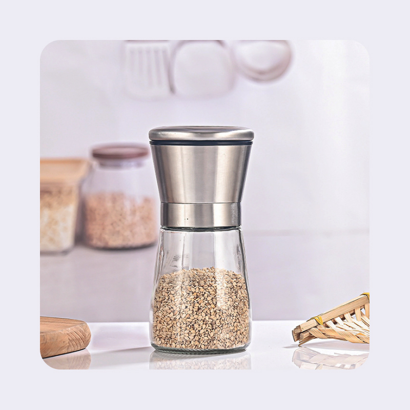 Stainless steel jar and pepper grinder, stainless steel pepper grinder, pepper grinder, stainless steel cap pepper grinder and premium glass jar, pepper grinder with stainless steel lid