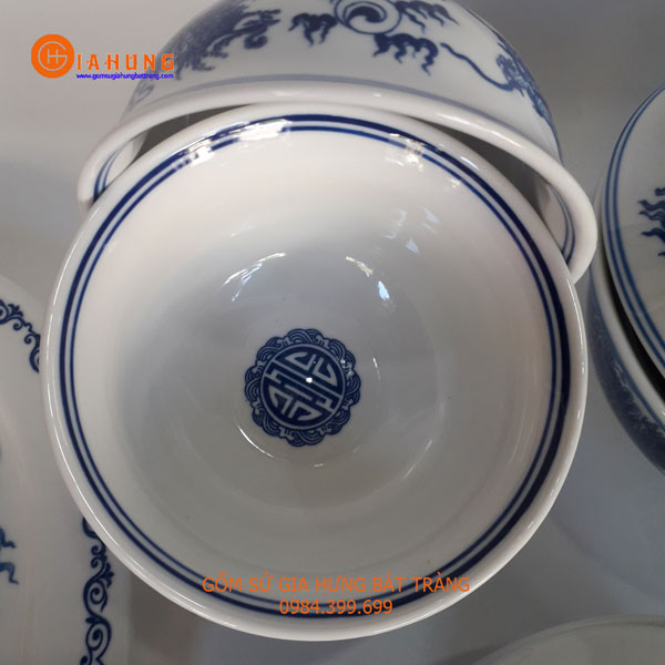 Bộ bát đĩa thờ đầy đủ men lam rồng phượng