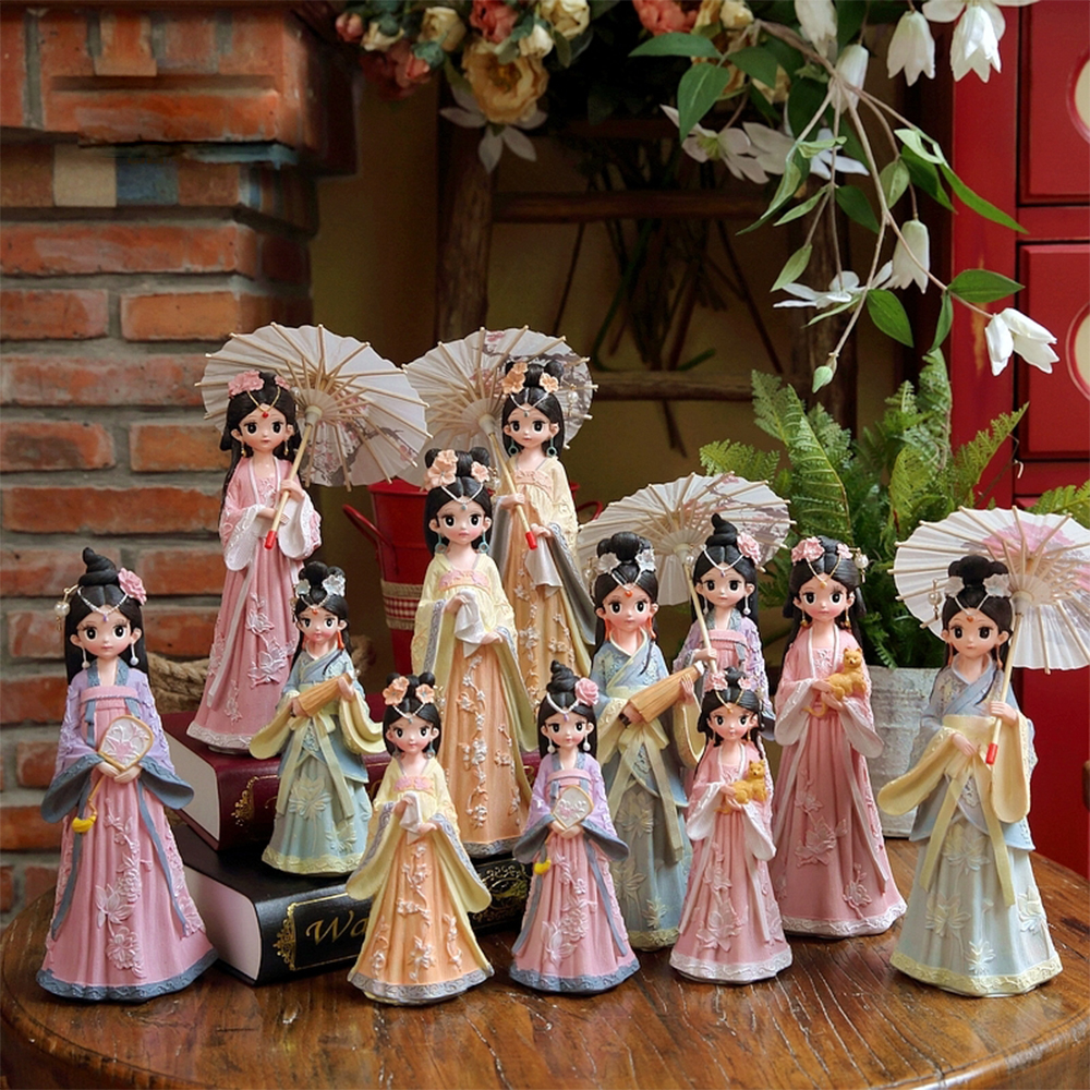 Tượng chibi thiếu nữ cổ trang che ô 3D sinh động 25cm