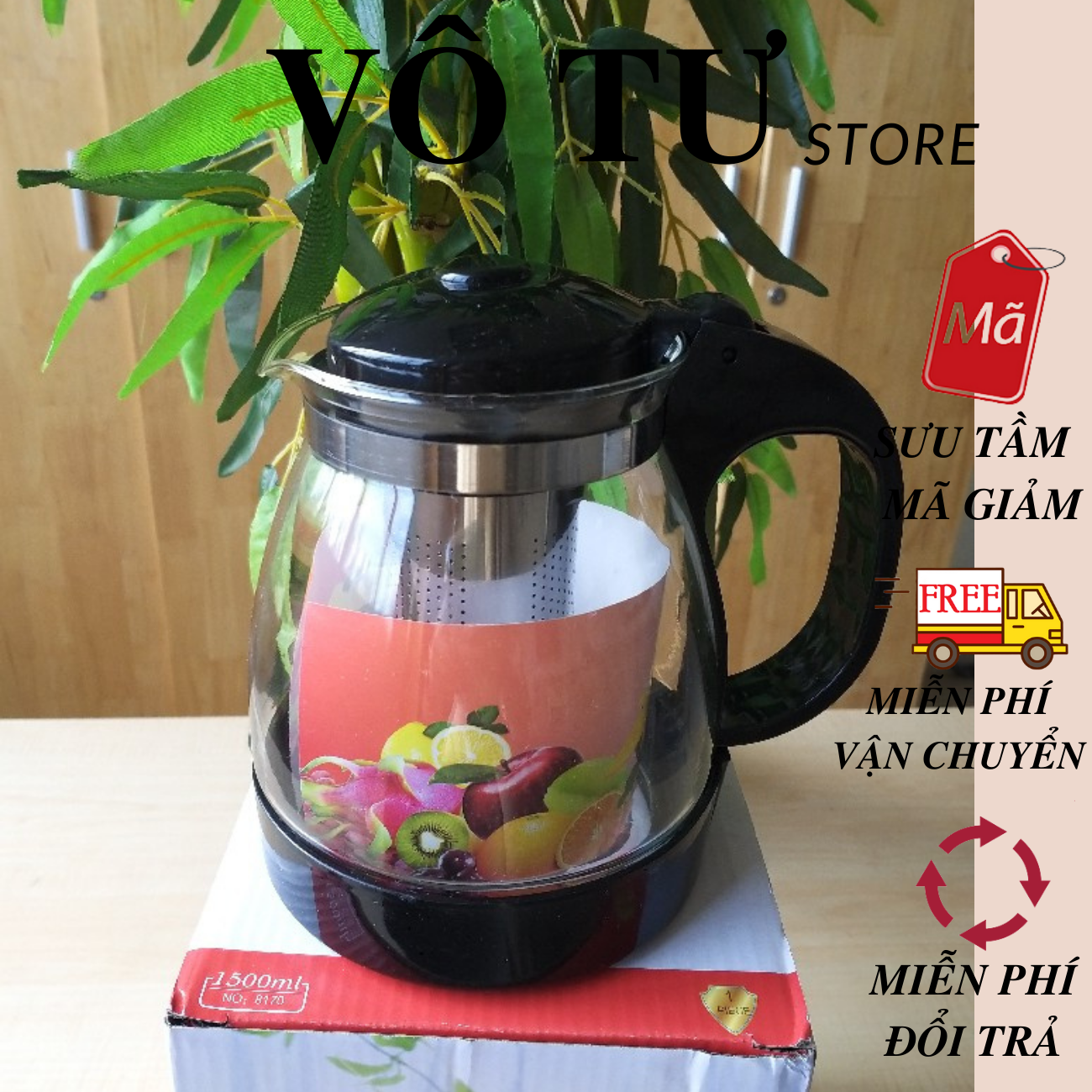 Bình Lọc Trà Thủy Tinh 1300ml Sang Trọng - CÓ LÕI LỌC TRÀ INOX - BÌNH PHA TRÀ CHẾ CAFE TIỆN LỢI 2in1