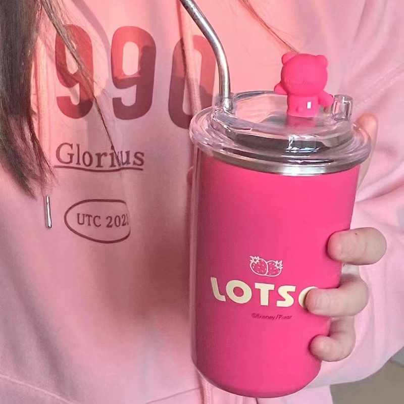 Cốc Giữ Nhiệt Gấu Dâu Losto 450ml Inox 304 Giữ Nhiệt 8-10 Tiếng, Ly Giữ Nhiệt Gấu Hồng Có Nắp Chống Tràn, Kèm Ống Hút