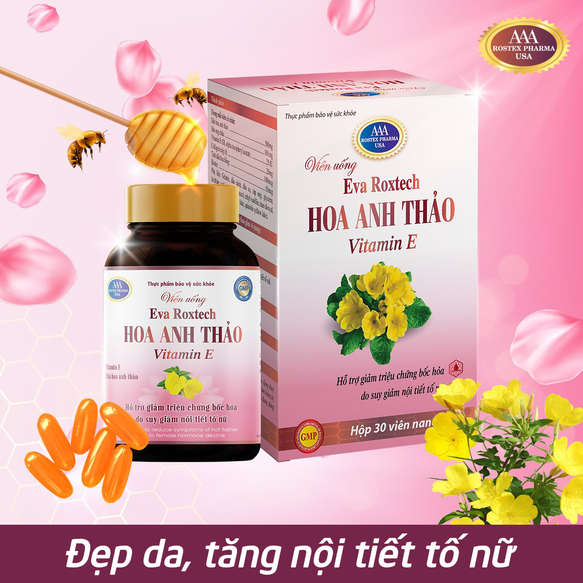 Viên uống dầu hoa anh thảo, sữa ong chúa, dầu hoa hồng giúp đẹp da, tăng nội tiết tố nữ - Chai 30 viên