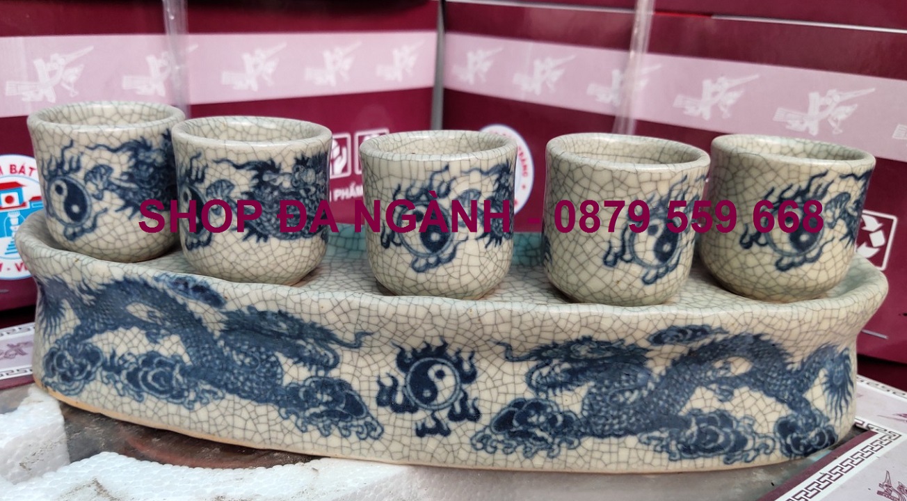 Bộ kỷ 5 chén nước thờ cúng, men rạn
