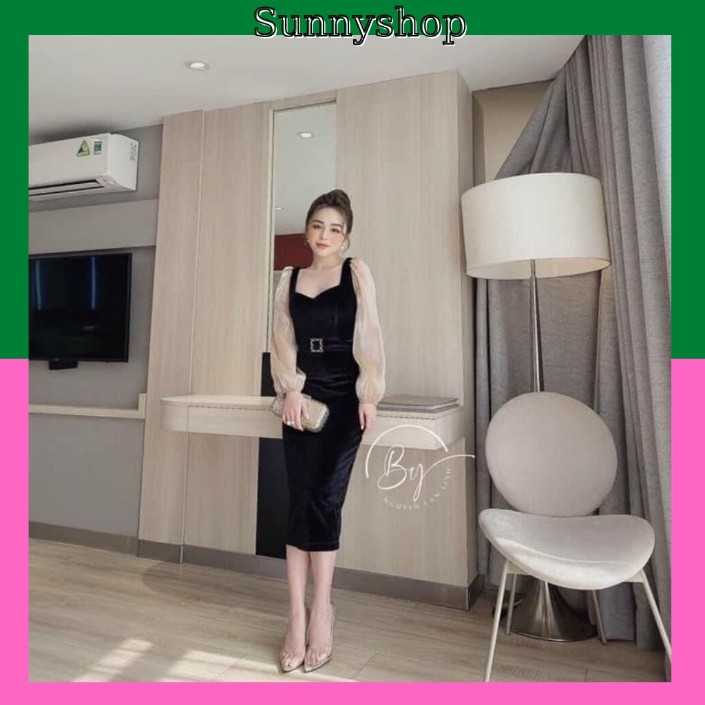Váy nhung phối tay cổ v