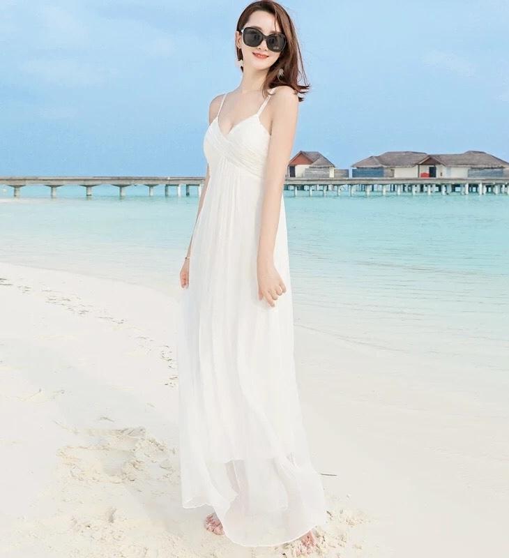 ĐẦM MAXI TRẮNG 2 DÂY THỜI TRANG HÈ 2019