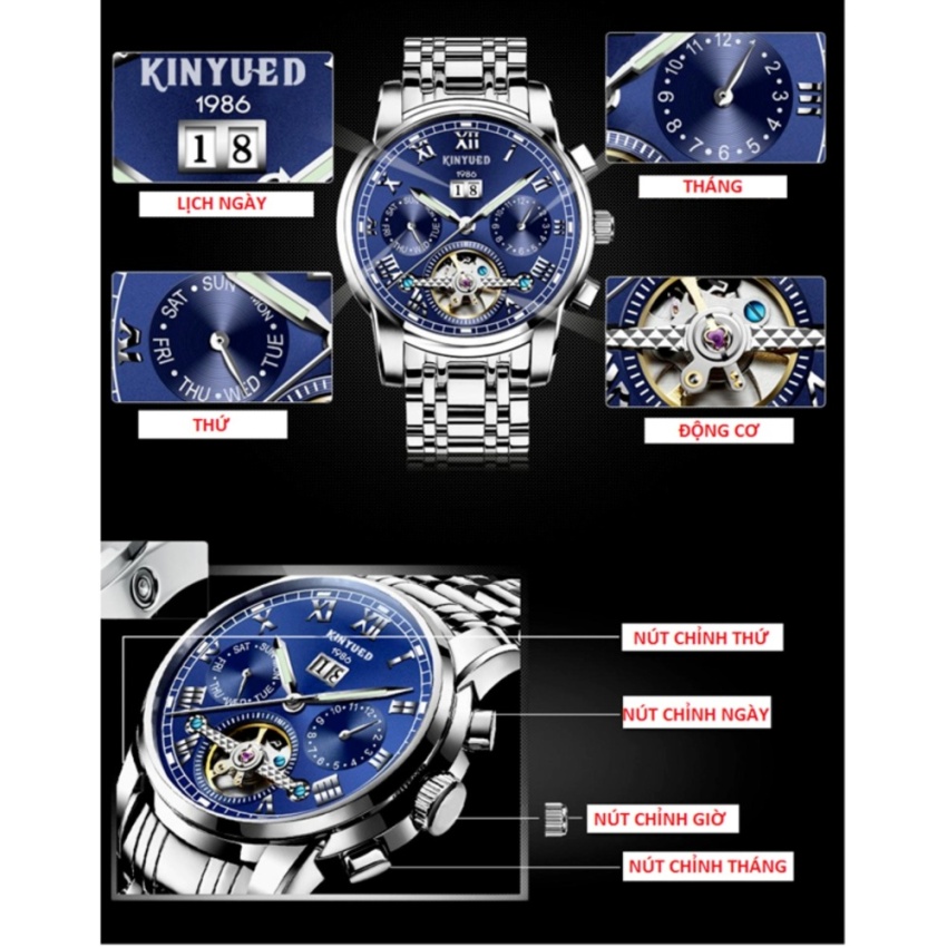Đồng hồ Cơ Nam KINYUED - Dây Thép Đúc Đặt - Máy Automatic cao cấp