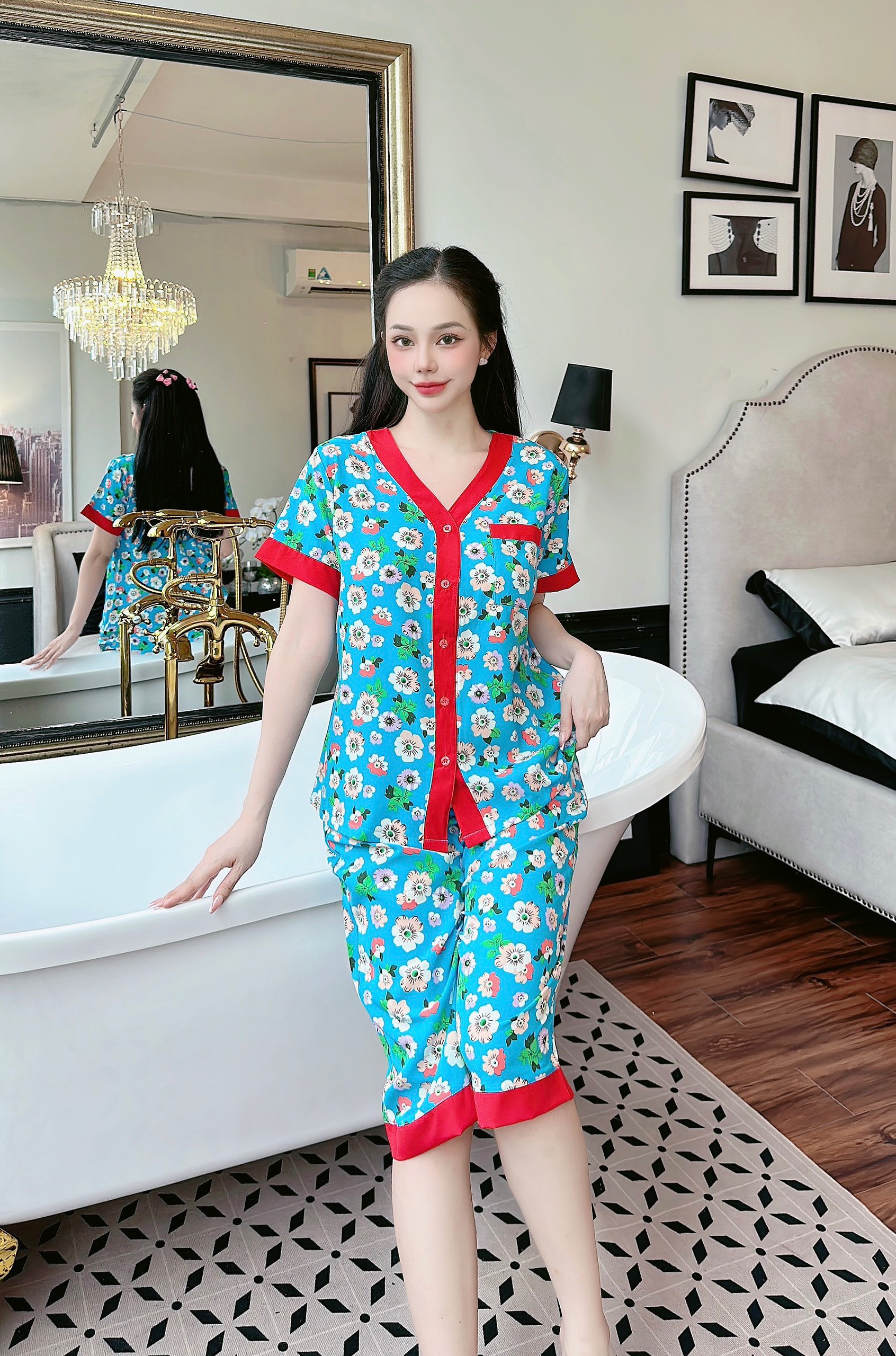 Đồ bộ lụa pijama hoa lá mềm mát dễ thương thời trang