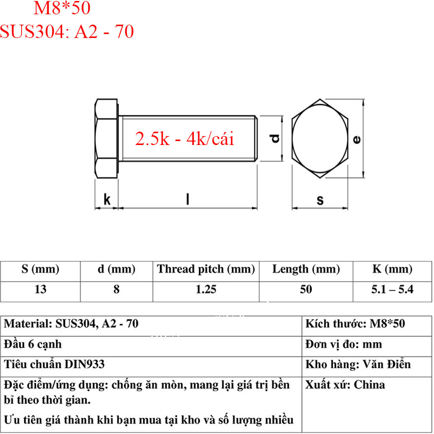 Bulong M8*50. DIN 933, SUS304 (10 cái)