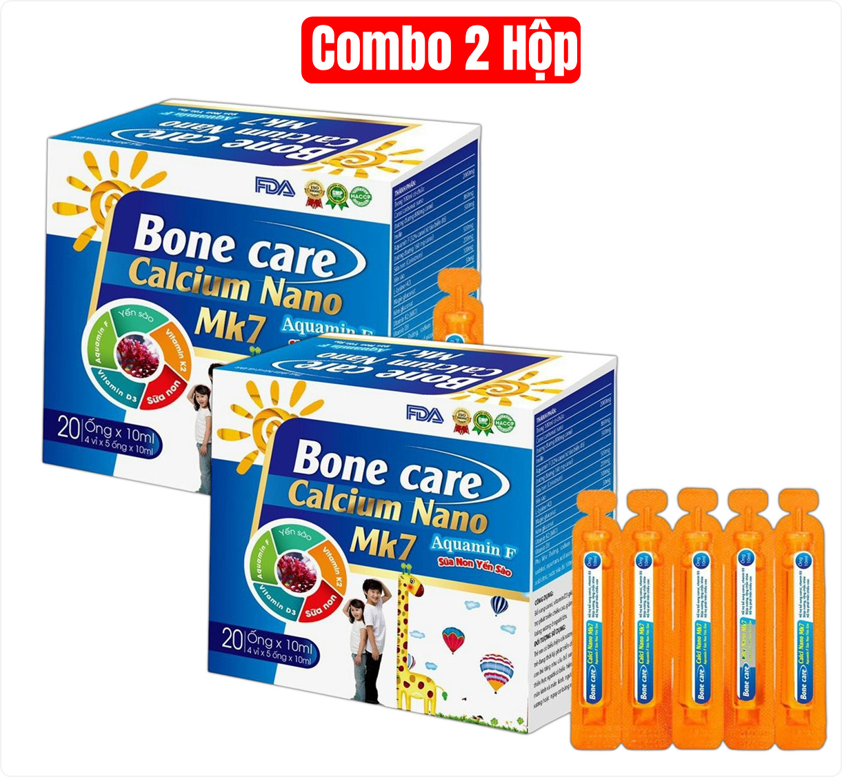 Combo 2 Hộp -Siro Canxi Tăng Chiều Cao Bone Care Calcium Nano Mk7 Bổ Sung Sữa Non Yến Sào Vitamin D3 Vitamin K2 Giúp Xương Răng Chắc Khoẻ - Dược Phẩm Bách Lộc
