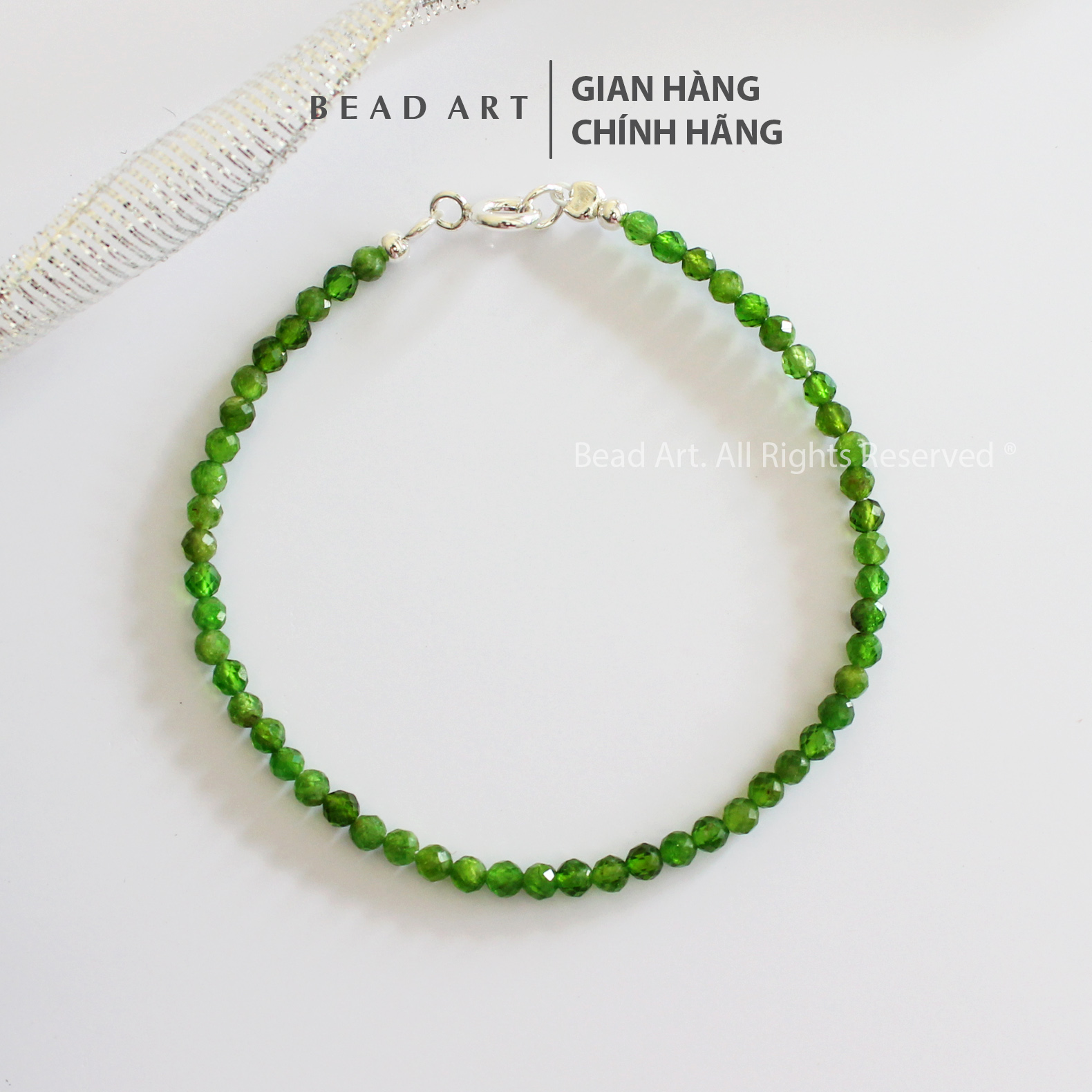 Vòng tay 3mm đá diopside xanh lá và bạc 925, mộc, hỏa, vòng tay phong thuỷ, chuỗi hạt, full - bead art
