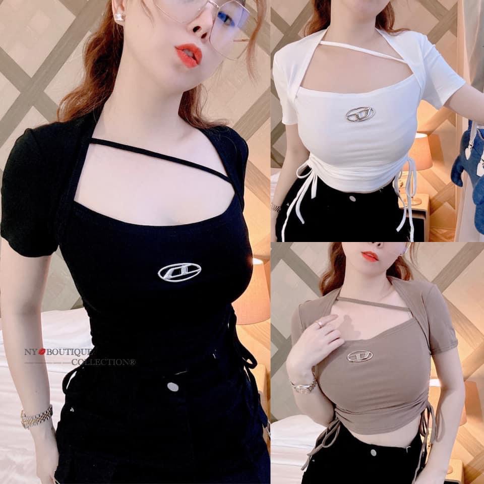 Áo thun croptop kiểu, áo thun ngắn tay cổ vuông phối dây chéo kèm logo gb932439