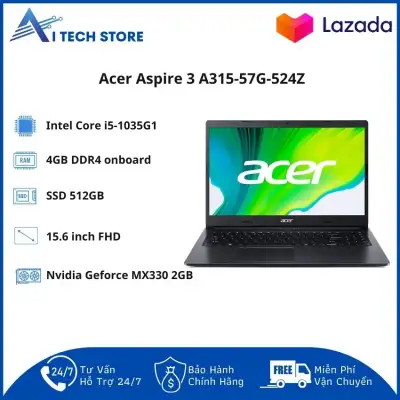 [Freeship] Laptop Acer Aspire 3 A315-57G-524Z/ 15.6inch FHD/ Black/Core i5-1035G1/ RAM 4OB+4SO DDR4/ 512GB SSD/ 3 Cell/ Win 10H/ 1 Yr -AI Tech Store- AI114 Hàng Chính Hãng, Mỏng Nhẹ, Cấu Hình Ổn Định Dùng Cho Văn Phòng, Thiết Kế