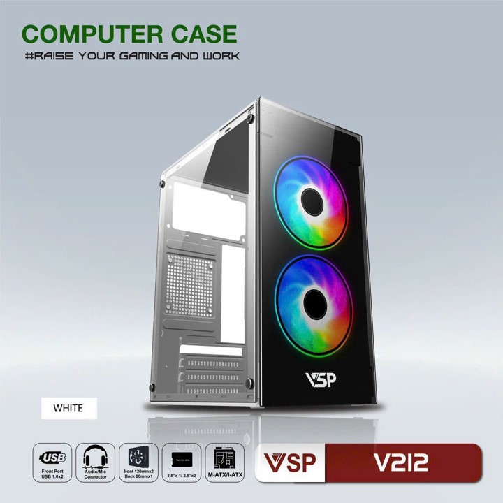 Vỏ case máy tính V212 Đen - Trắng - Hồng - Xanh