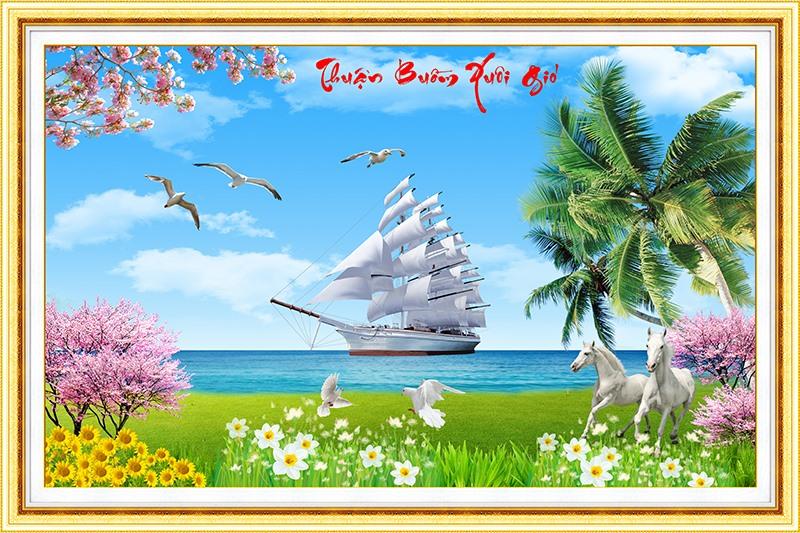 Tranh chấm đá Cao cấp Thuận Buồm Xuôi Gió cao cấp- KT: 80x53Cm