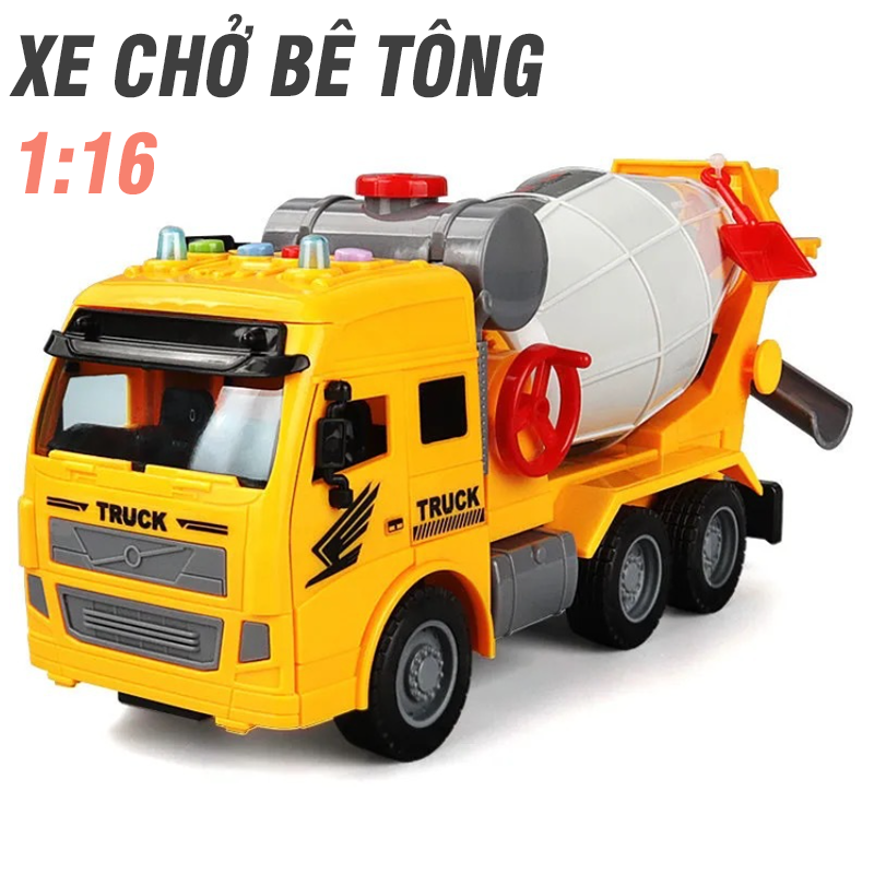 Mô hình xe chở bê tông mở được cửa đồ chơi trẻ em xe bằng nhựa tỉ lệ 1:16 xe có âm thanh và đèn