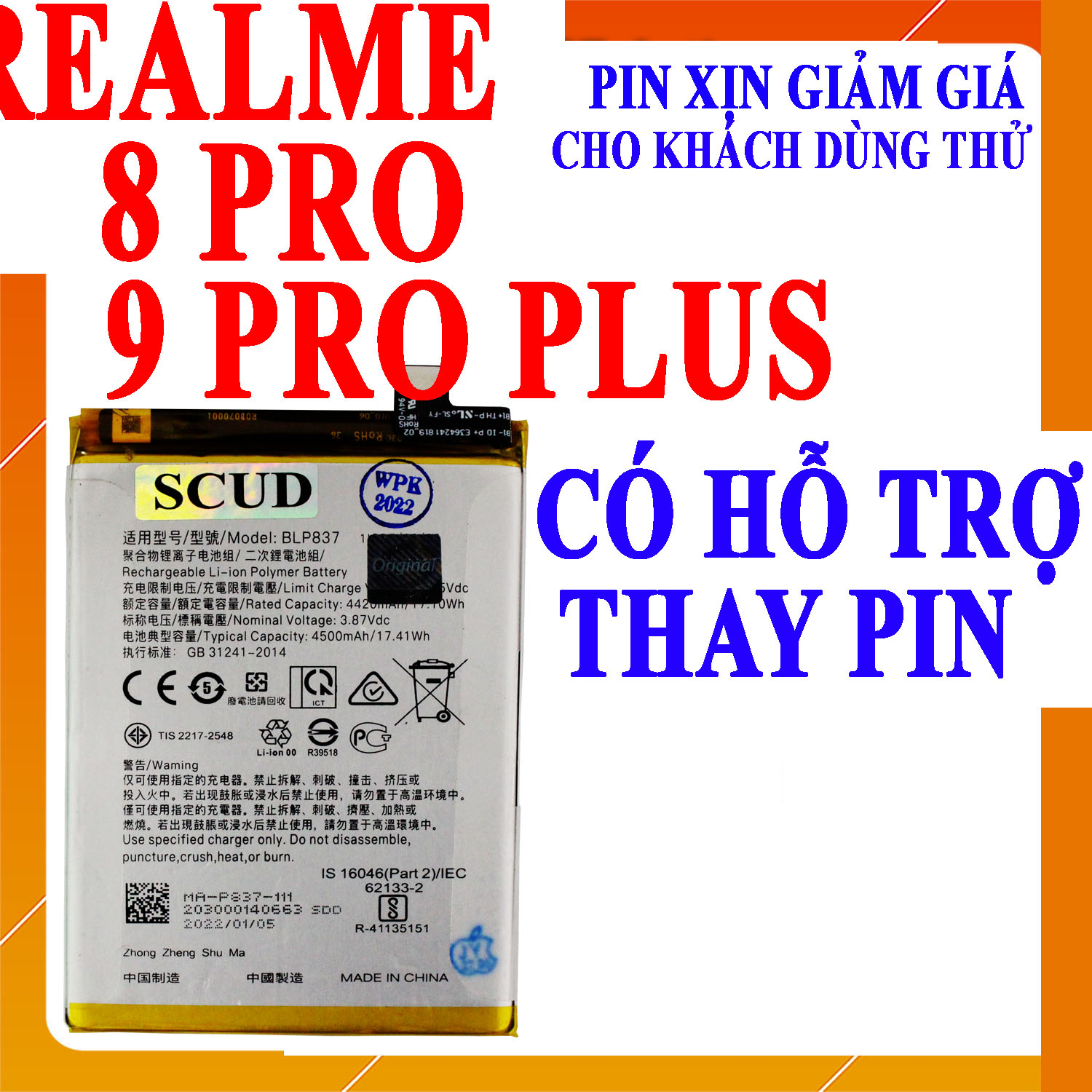 Pin Scud cho Realme 8 Pro/9 Pro Plus BLP837 4500mAh