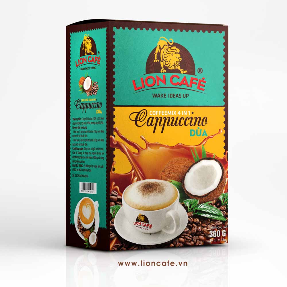 LION CAFE - Cà phê hòa tan 4in1 - Capuccino Dừa - Hộp 288g (16 gói x 18g)