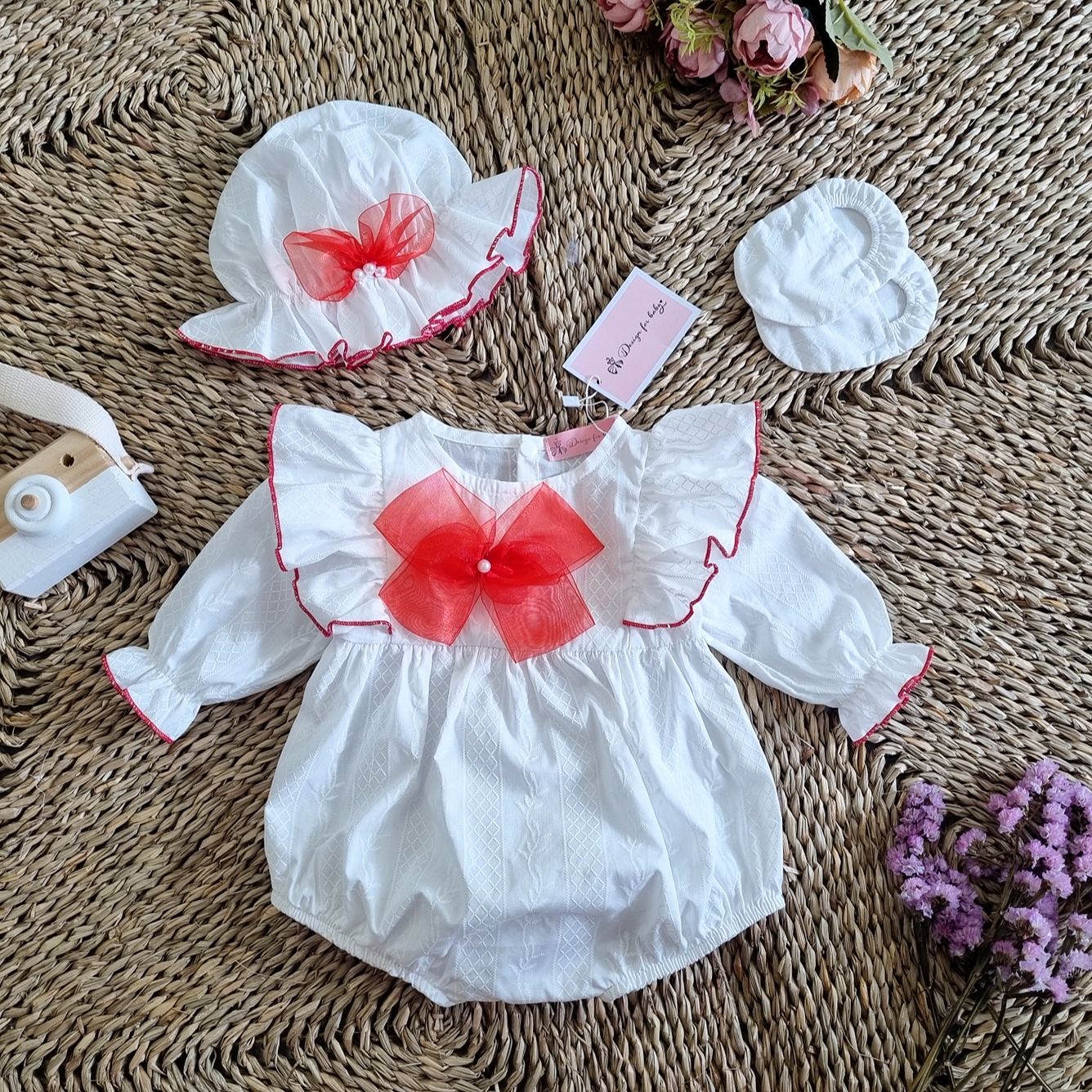 Body handmade nơ von lụa họa tiết màu đỏ cực sang
