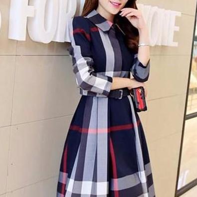 Đầm xòe kẻ caro dài tay - DX01 (Xanh đen)