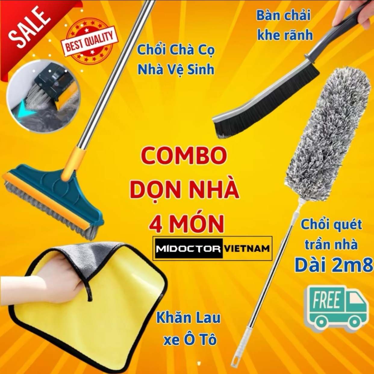 Chổi quét trần nhà, chổi phất trần quét mạng nhện có cán điều chỉnh độ dài khoảng 2,5m - 2,8m lau chùi bụi bẩn trên cao - combo 3 món chổi quét nhà, combo 4 món chổi quét nhà - Hãng miDoctor