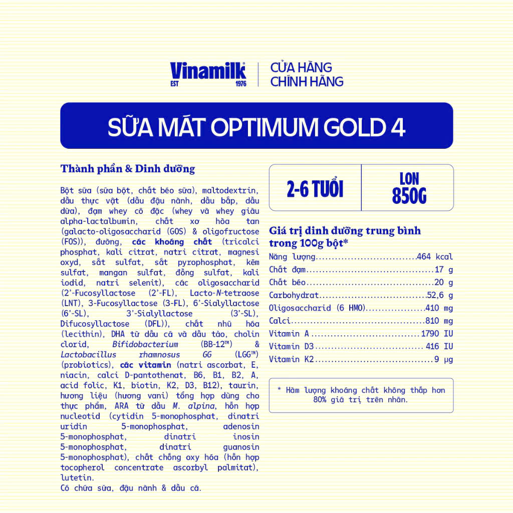 (Expiration Date February 2027) (New Model) Combo 2 Cans of Vinamilk Optimum Gold 4 Powder Milk 850g (for Children from 2-6 Years Old).