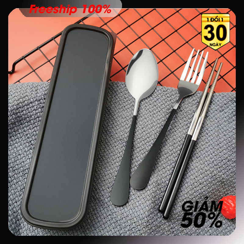 Bộ muỗng đũa văn phòng INOX thép không rỉ tráng gương phủ nhựa tay cầm - full hộp nhựa - tiện lợi mọi lúc - bền đẹp kèm video sản phẩm