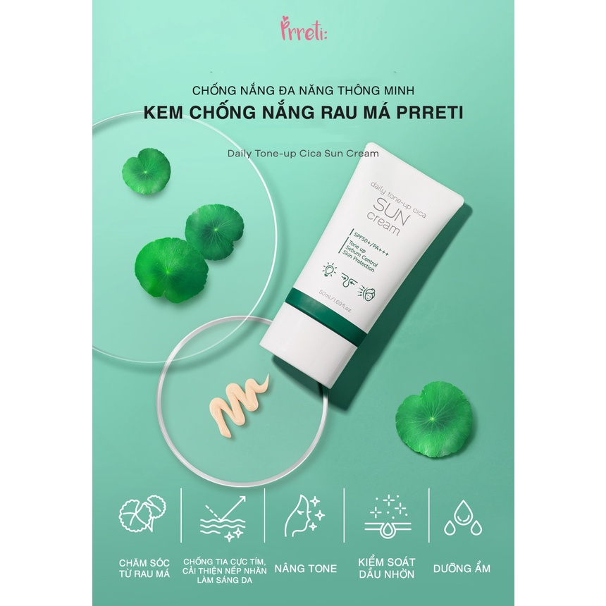 HOÀN TIỀN 15% - Kem chống nắng nâng tông kiềm dầu dưỡng ẩm bảo vệ da hoàn hảo Prreti Daily tone-up cica sun cream SPF 50+ PA+++ BIC Cosmetic