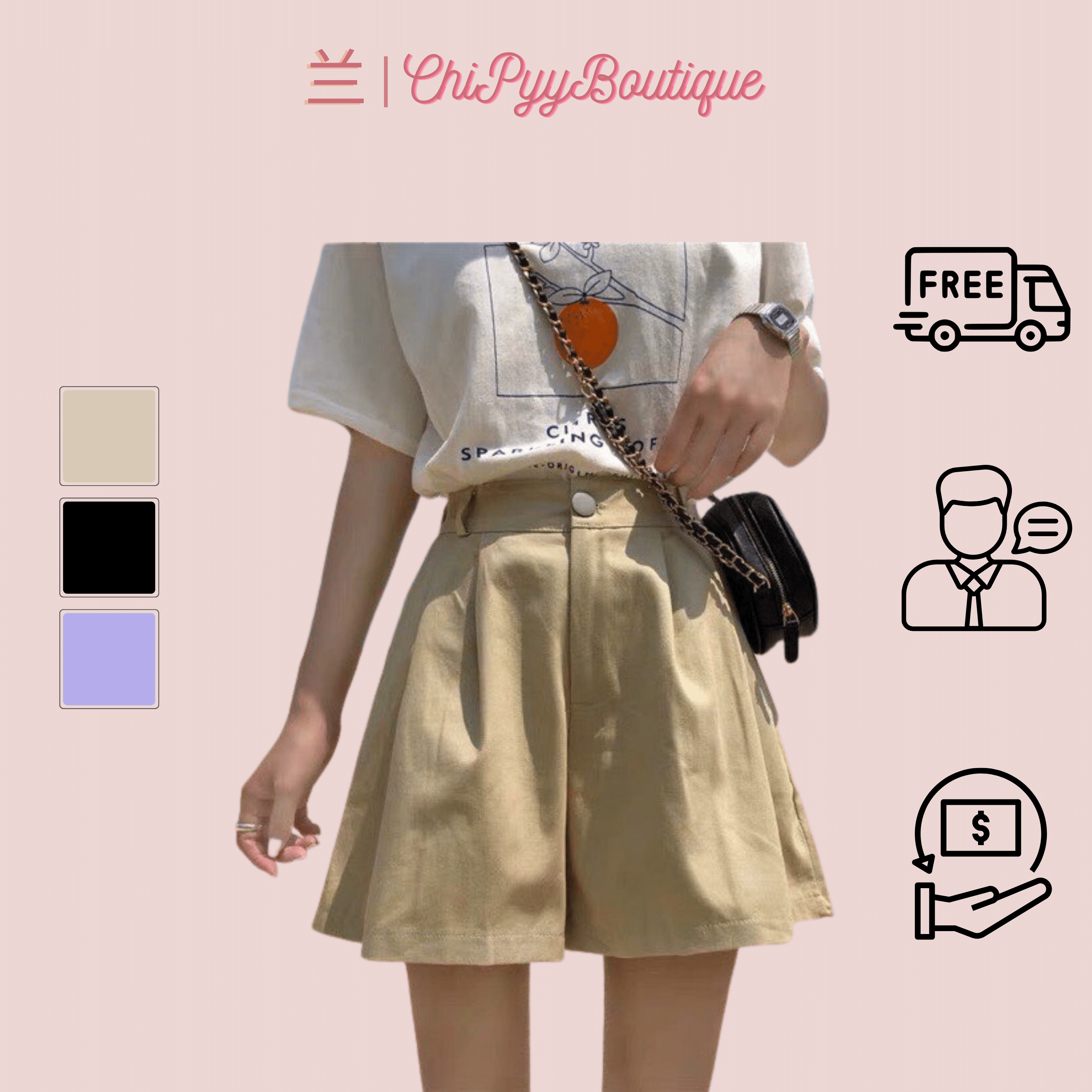 Quần shorts đùi kaki ống rộng dài trên gối màu trơn basic unisex 3 màu tím - đen - kem mặc mát lưng dây kéo form chuẩn freesize dưới 60kg - ChiPyyBoutique