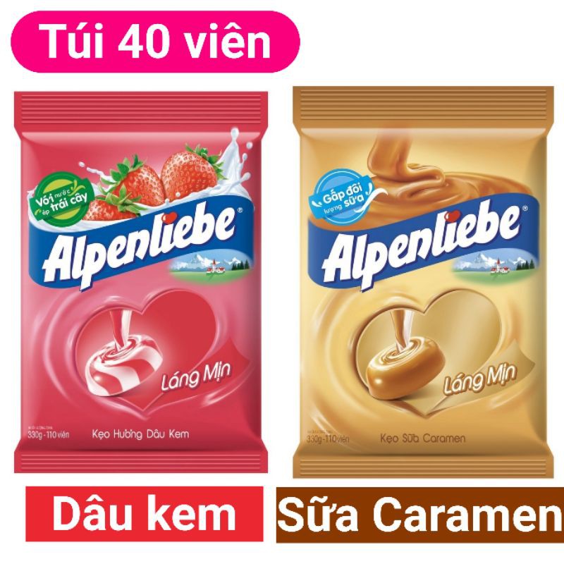 Túi kẹo Alpenliebe Vị Dâu Kem và Sữa Caramen gói 40 viên