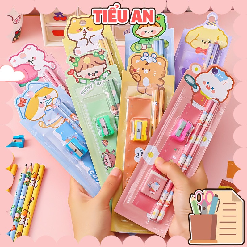 Bộ combo học tập xinh xắn (2 Bút chì, 1 gôm, 1 thuớc, 1 đồ chuốt)