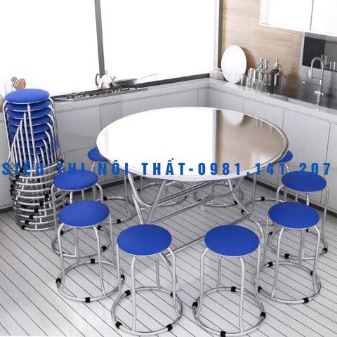 Bộ bàn ăn kèm 10 ghế đôn có nệm inox 201