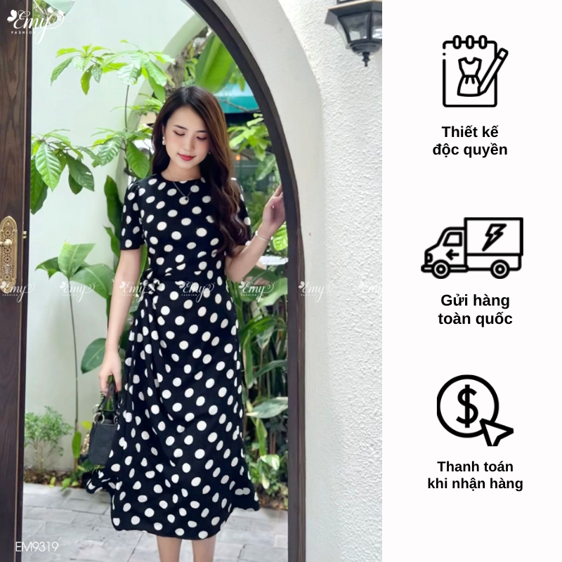 Đầm EMY EM9319 Xoè Chấm Bi Xanh Đen