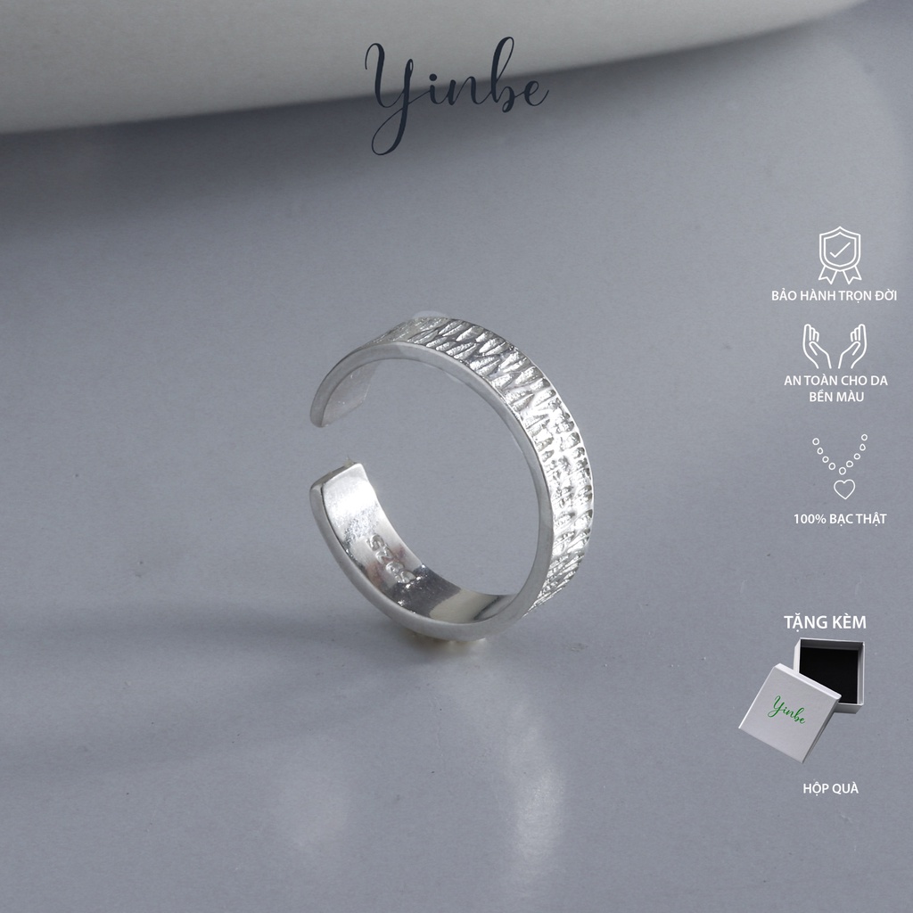 Nhẫn bạc trơn nam nữ unisex, nhẫn bạc sọc kiểu thân gỗ cá tính yinbe silver freesize yr031
