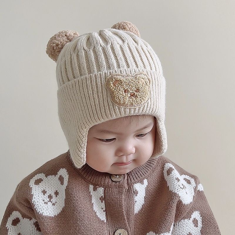 Mũ len 2 quả bông hình gấu ms23 ấm áp cho bé từ 6m-30m