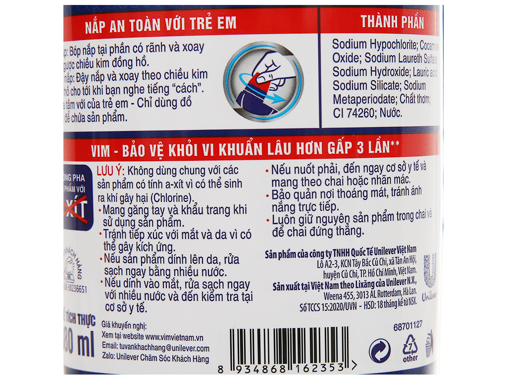 Nước Tẩy Bồn Cầu Vim Diệt Khuẩn (880ml) - Xanh Biển
