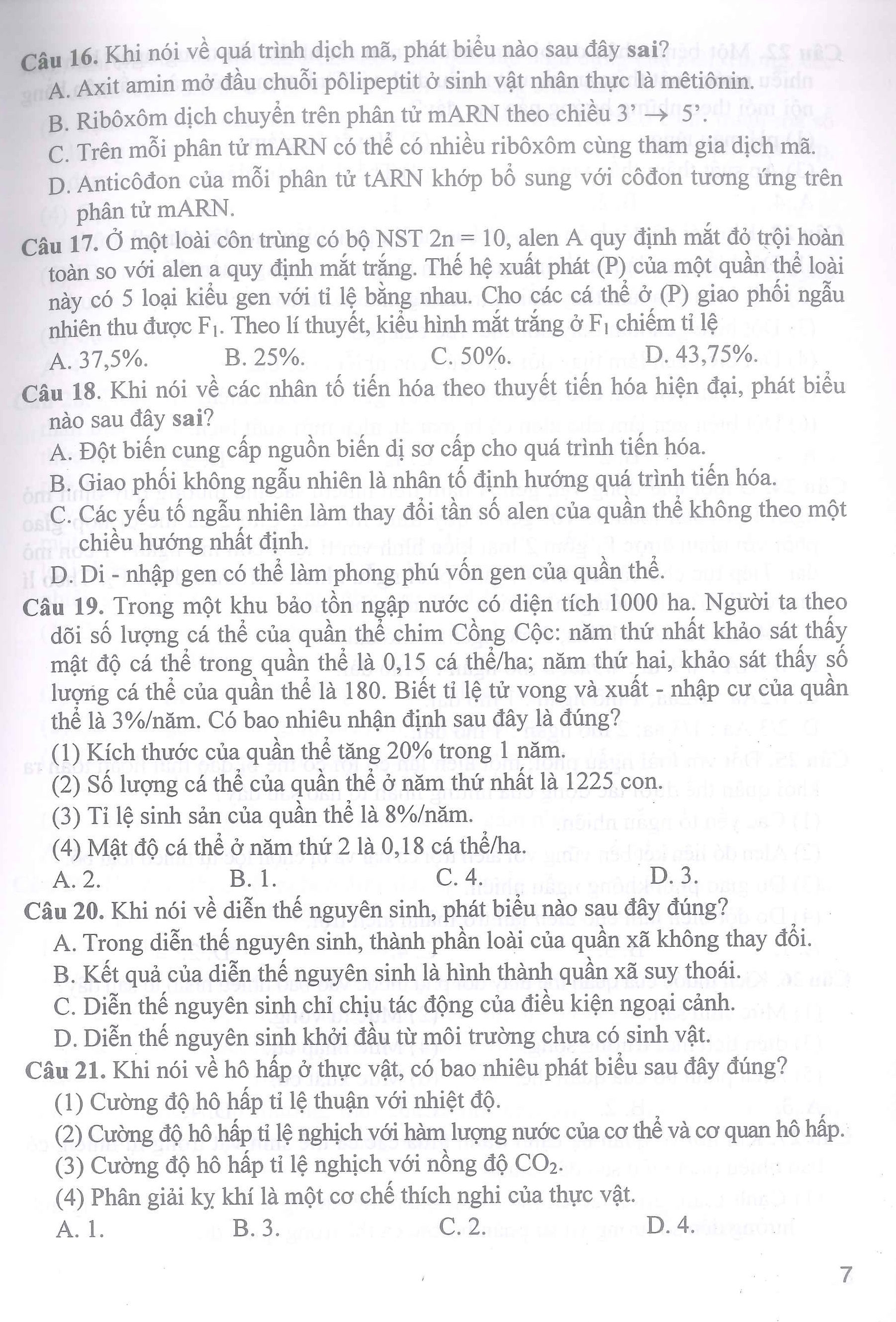 BỘ ĐỀ THI THPT QUỐC GIA MÔN SINH HỌC