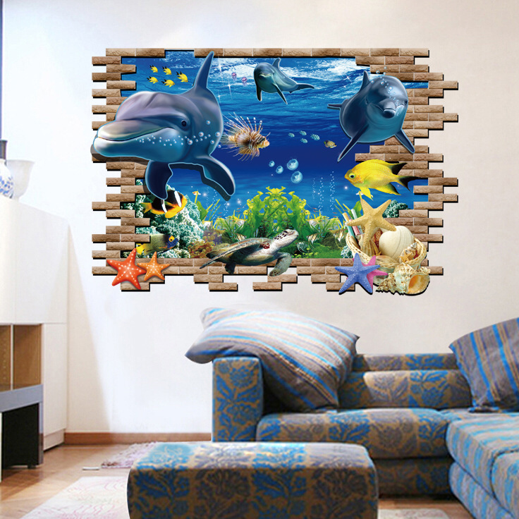 Decal dán tường Cá Heo 3D Sticker Tranh Dán Tường - AY9706 ,Decal dán tường động vật