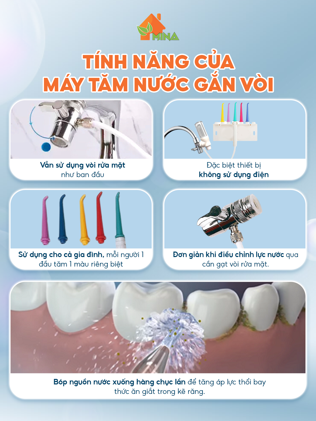 Máy Tăm Nước Mina. Tăm Nước Bảo Hành Đổi Mới 24 tháng. Công Nghệ Nhật Không Dùng Điện. Bóp Nước Vòi Rửa Mặt Tạo Áp Lực. Tặng Kèm 5 Đầu Tăm