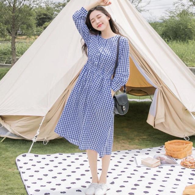 Đầm caro xanh tay dài