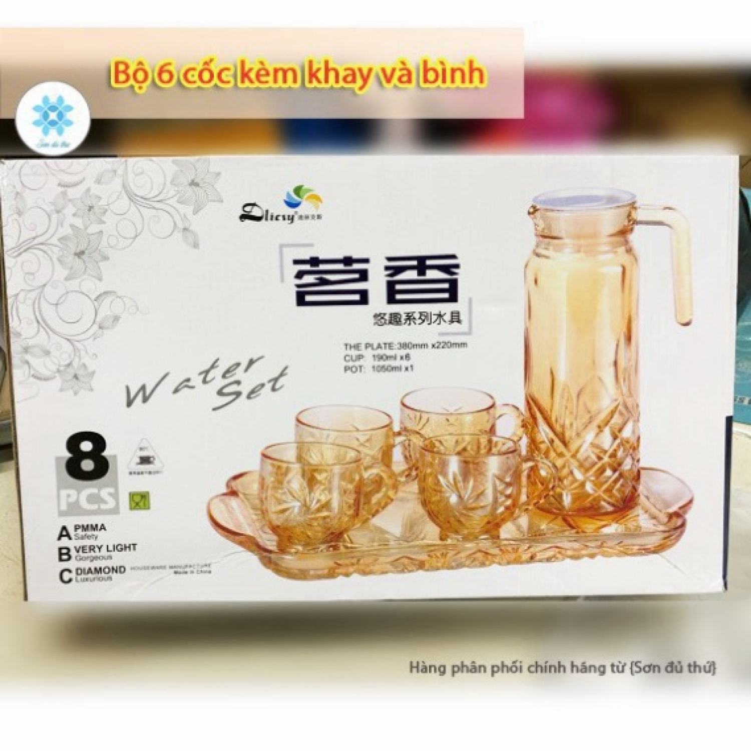 Bộ 6 cốc thủy tinh có khay và bình nước