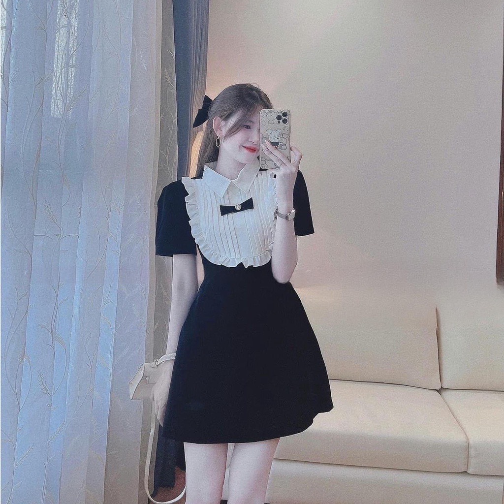 Đầm tiểu thư cổ áo sơ mi thời trang Hàn Quốc dễ thương - váy chữ A phối bèo trắng đính nơ hàng thiết kế cao cấp như hình
