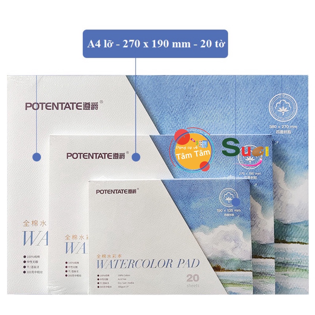 Sổ vẽ màu nước Potentate 100% Cotton, 20 tờ - Sô chuyên vẽ màu nước cao cấp - water color pad