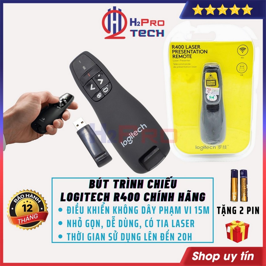 Bút Trình Chiếu Laser Logitech R400 Chính Hãng Bắt Sóng 15M Có Laser, Bút Chỉ Slide Cho Giáo Viên, Tặng Pin-H2Pro Tech