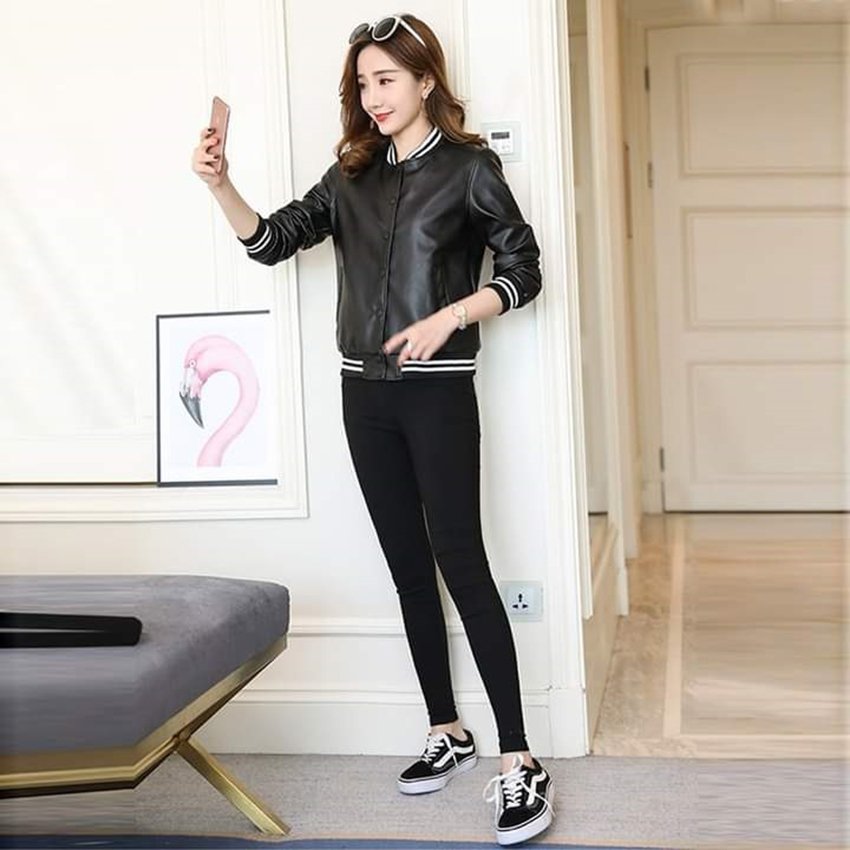 ÁO KHOÁC DA NỮ DÁNG BOMBER HÀN QUỐC